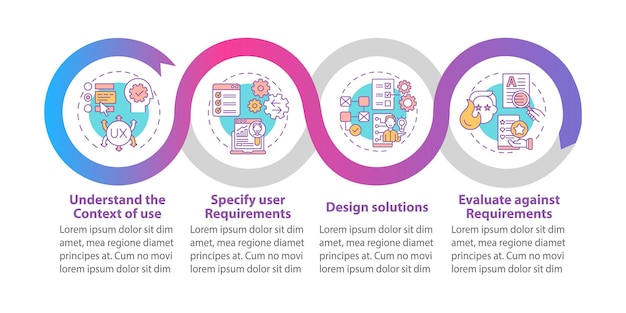 Vector gebruiker-gecentreerd werk vector infographic sjabloon. gebruikersvereisten presentatie schets ontwerpelementen. datavisualisatie met 4 stappen. proces tijdlijn info grafiek. workflowlay-out met lijnpictogrammen