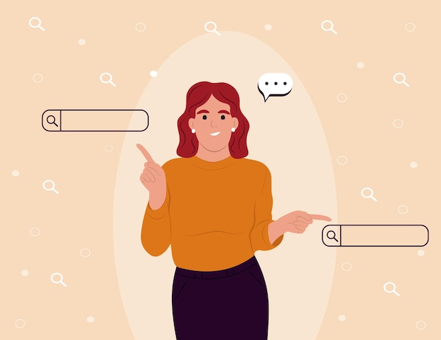 Gebruiker tijdens een online zoekopdracht biedt het meisje verschillende opties om informatie te vinden