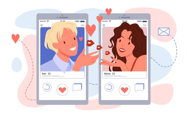 Gebruikers van online romantische dating-apps die chatten op sociale media, met behulp van telefoons vectorillustratie. cartoon man vrouw liefhebbers communicatie met tekstballonnen op smartphones en harten geïsoleerd op wit