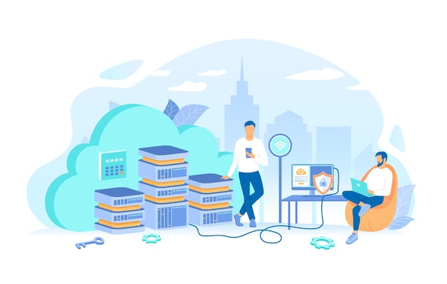 Gebruikers verbinden zich met de cloudservers vanaf laptops, telefoons, cloudcomputing en webdiensten.