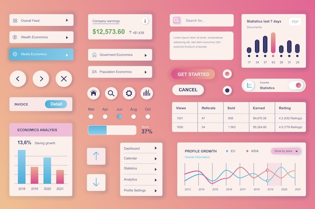 Gebruikersinterface-elementen ingesteld voor Finance mobiele app of web Kit sjabloon met HUD winstbalans economie grafiek statistieken gegevens financiële analyse rapport Pack van UI UX GUI Vector componenten