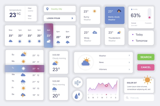 Gebruikersinterface-elementen ingesteld voor mobiele weerapp Kit-sjabloon met HUD-diagrammen meteorologievoorspelling temperatuur zonnewolk en regenelementen Pakket UI UX GUI-schermen Vectorcomponenten