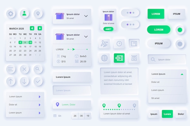 Vector gebruikersinterface-elementen voor levering mobiele app. internationale expresslevering, logistiek en routetracking gui-sjablonen. unieke neumorfe ui ux-ontwerpkit. navigatie, zoekformulier en componenten.