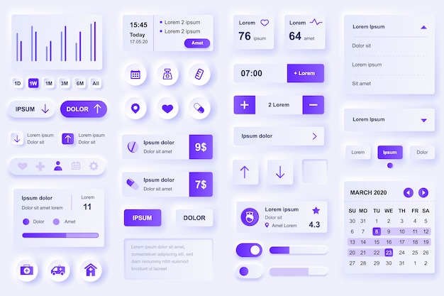 Vector gebruikersinterface-elementen voor medische mobiele app. diagnose en behandeling, apotheekwinkel en laboratorium gui-sjablonen. unieke neumorfe ui ux-ontwerpkit. beheer, navigatie, zoekformulier en componenten