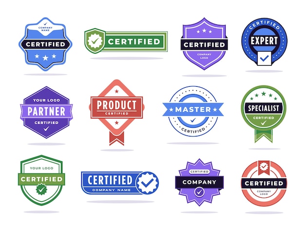 Gecertificeerde badge bedrijfspartnertag gecontroleerd expert- of masteraccreditatiestempel en productcertificeringsmarkering vectorset