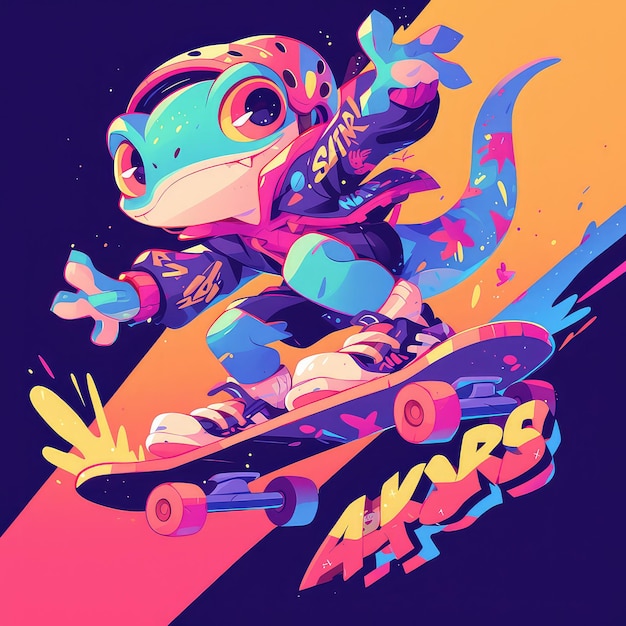 Vector a gecko skateboarding in a skate park cartoon style