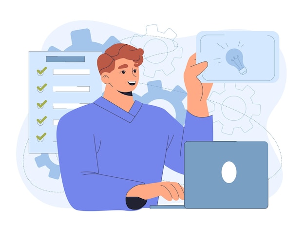 Geconcentreerde manager met laptop Jonge man met computer bij het klembord Bedrijfsman op de werkplek Tijdbeheer en efficiënte werkstroom Platte vectorillustratie