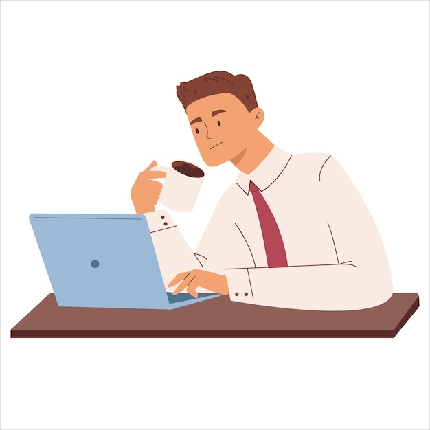 Geconcentreerde werknemer zittend aan tafel met laptop en kopje koffie