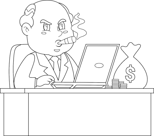 Geconstrueerde zakenman cartoon personage zit op het bureau met een laptop en geld tas