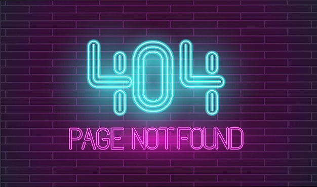 Gecrashte website retro neon pagina niet gevonden neonletters op bakstenen muur 404-foutpagina in retrostijl