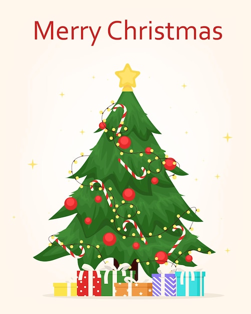 Gedecoreerde kerstboom met ster, geschenkdozen, ballen en slinger.