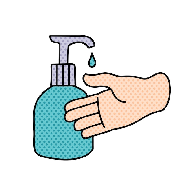 gedesinfecteerde hand met behulp van desinfectiemiddel halftone met de hand getekende kleurvectorillustratie
