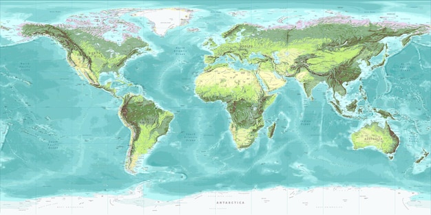 Gedetailleerde fysieke wereldkaart Equirectangular projectie