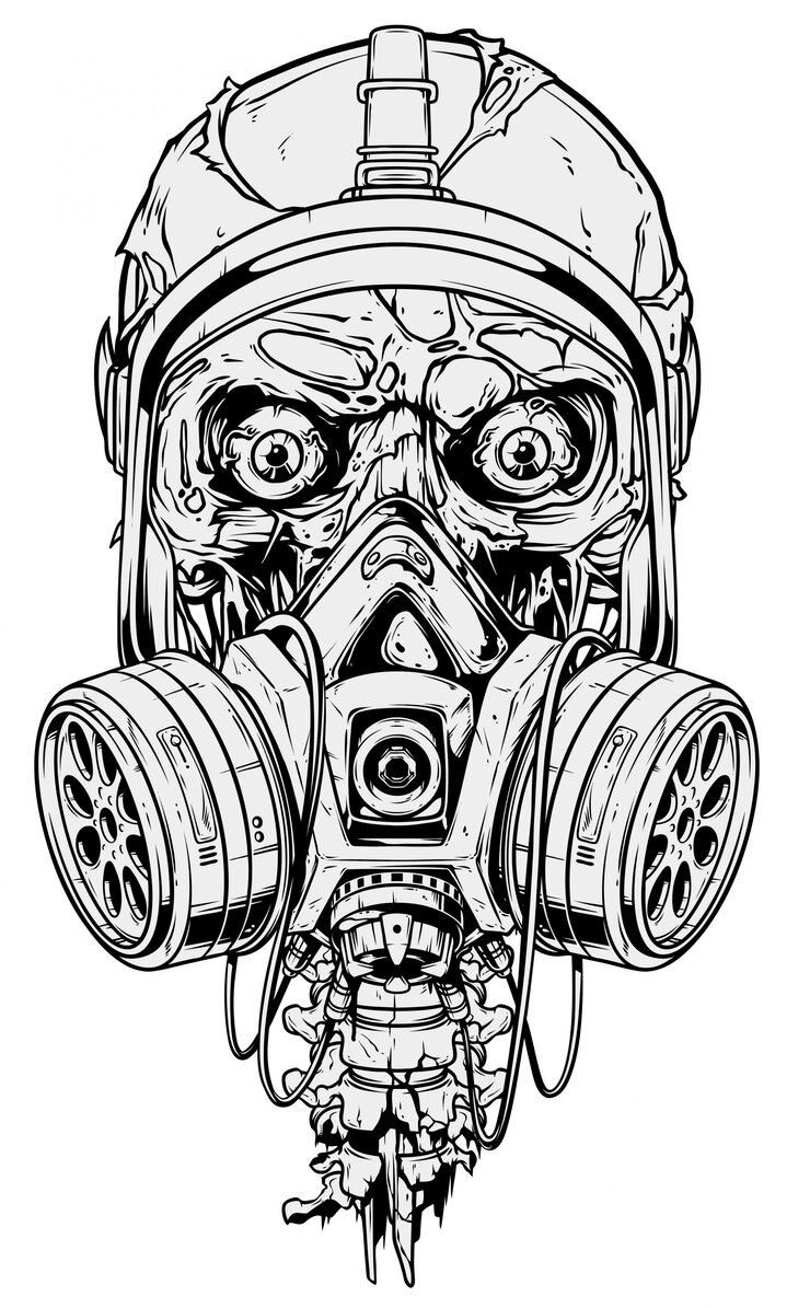Gedetailleerde grafische menselijke schedel met gasmasker