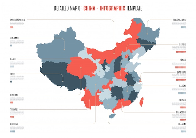 Gedetailleerde kaart van china. sjabloon voor infographics.