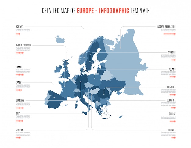Vector gedetailleerde kaart van europa. sjabloon voor infographics.