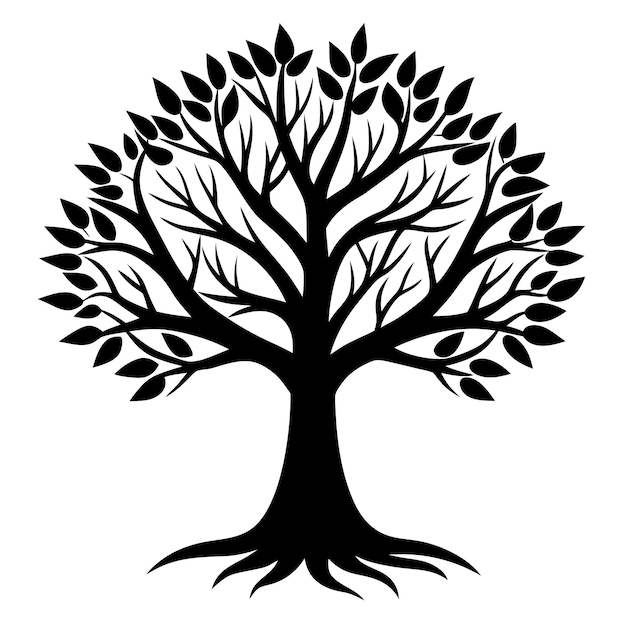 Gedetailleerde kale boomsilhouet met takken en wortels Hoogwaardige zwart-witte vectorkunst