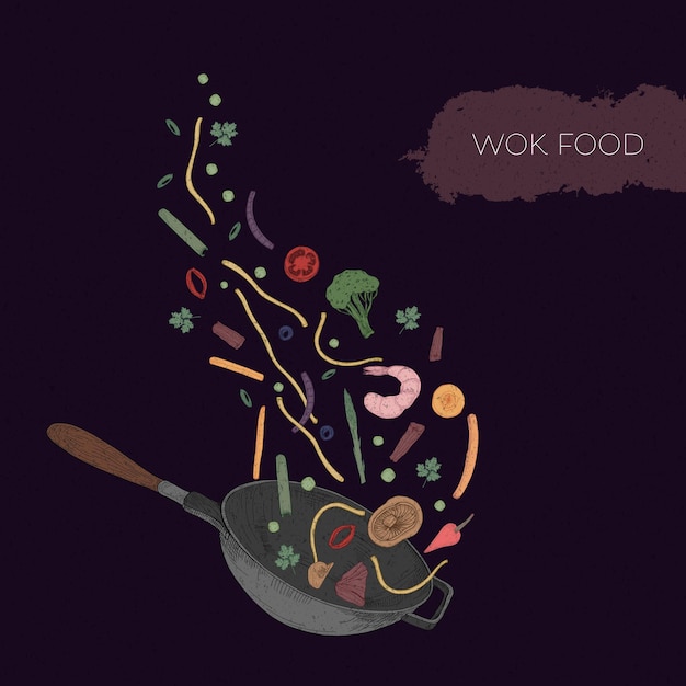 Gedetailleerde kleurrijke illustratie van wok en zeevruchten, groenten, champignons, noedels, kruiden die eruit worden gegooid.