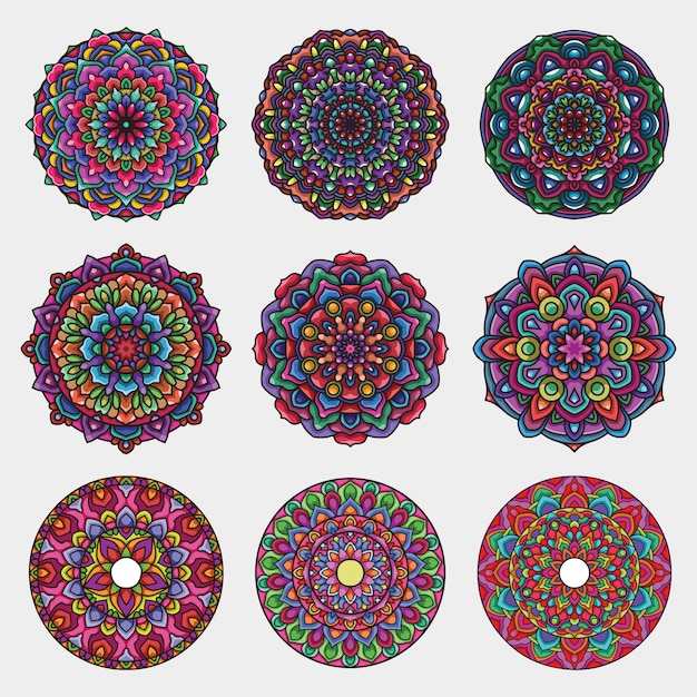 Vector gedetailleerde kleurrijke mandala kunst set