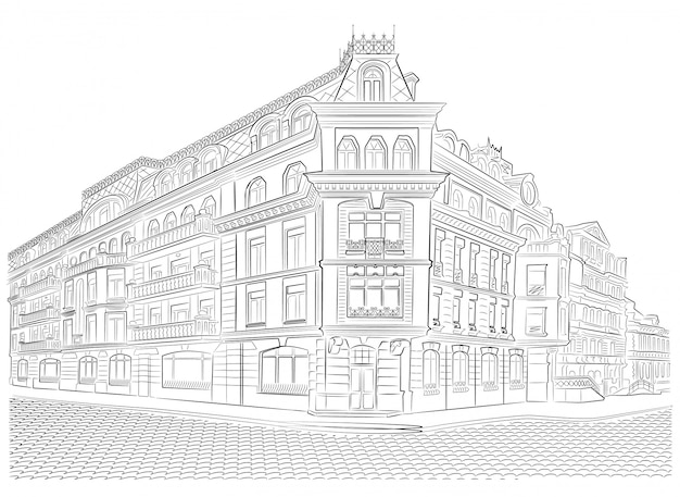 Gedetailleerde oude gebouwen op de straathoek vectortekening