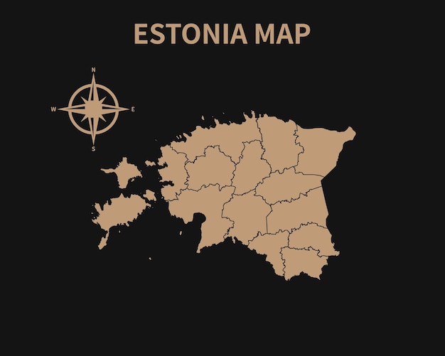 Gedetailleerde oude vintage kaart van estland met kompas en regiogrens geïsoleerd op donkere achtergrond