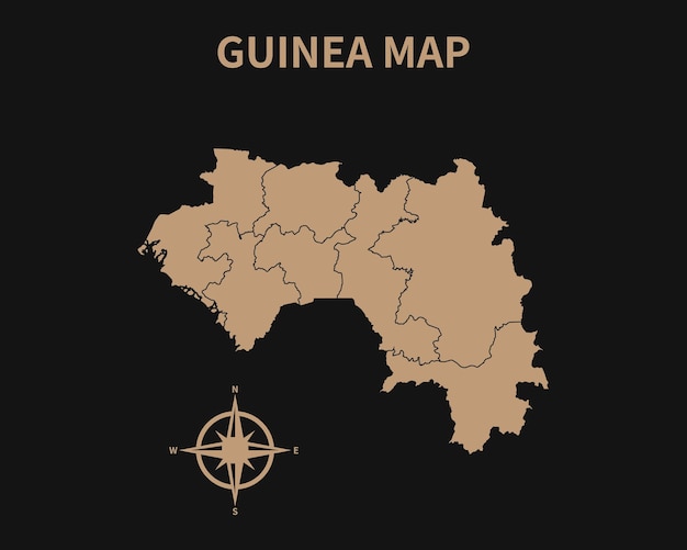 Gedetailleerde oude vintage kaart van guinee met kompas en regiogrens geïsoleerd op donkere achtergrond