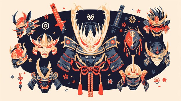 Vector gedetailleerde samurai helmen met kruinen