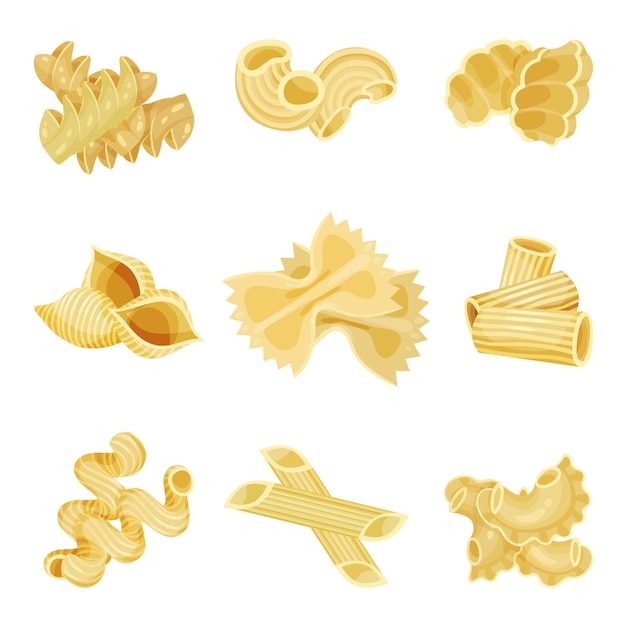 Vector gedetailleerde set van traditionele italiaanse pasta van verschillende vormen. ongekookte macaroni. biologisch voedsel