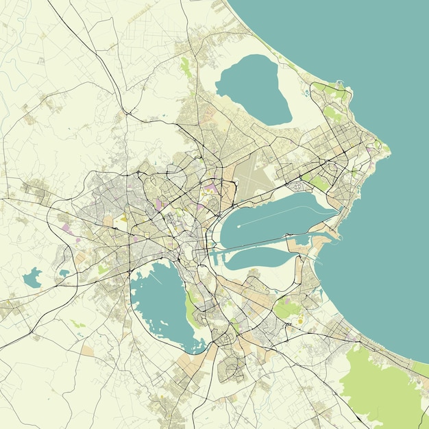 Gedetailleerde vector stadskaart van Tunis, Tunesië