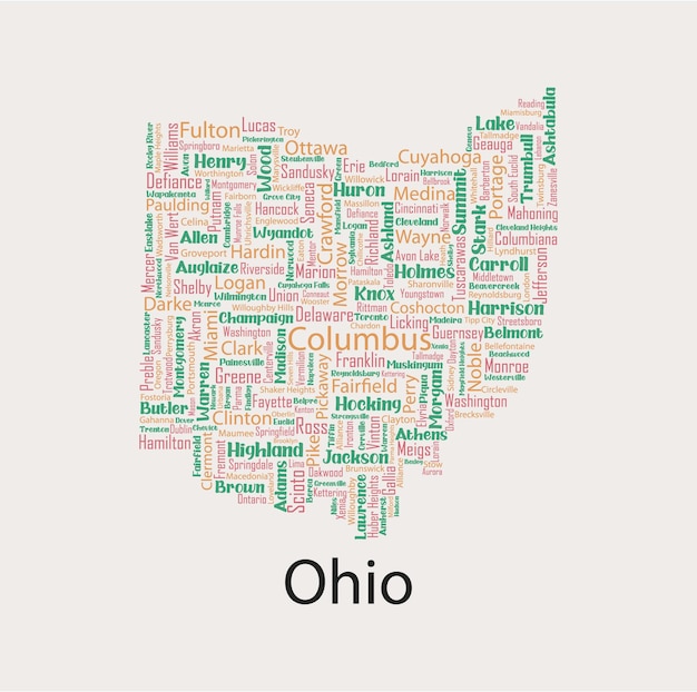 Gedetailleerde vectorkaart van Ohio met de namen van alle provincies en steden