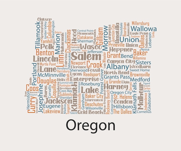 Gedetailleerde vectorkaart van Oregon met de namen van alle provincies en steden