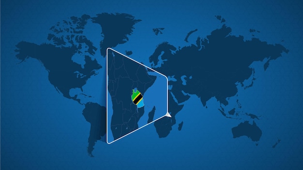 Gedetailleerde wereldkaart met vastgezette vergrote kaart van Tanzania en buurlanden. Vlag en kaart van Tanzania.