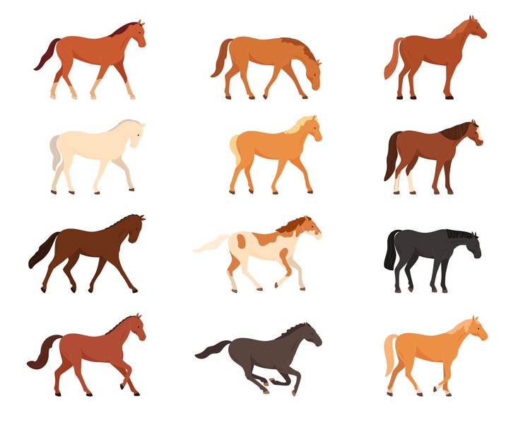 Vector gedomesticeerde paarden dieren voor werkwandelingen wedstrijden paardenrennen vector illustratie
