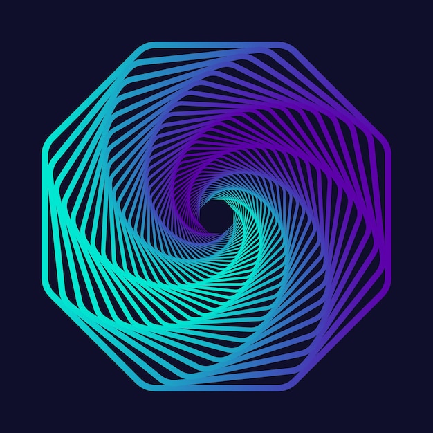 Gedraaide gekleurde lijnen van het achthoekige frame Vector 3d tunnel gemaakt van geometrische vormen Abstracte donkere achtergrond grafische spiral