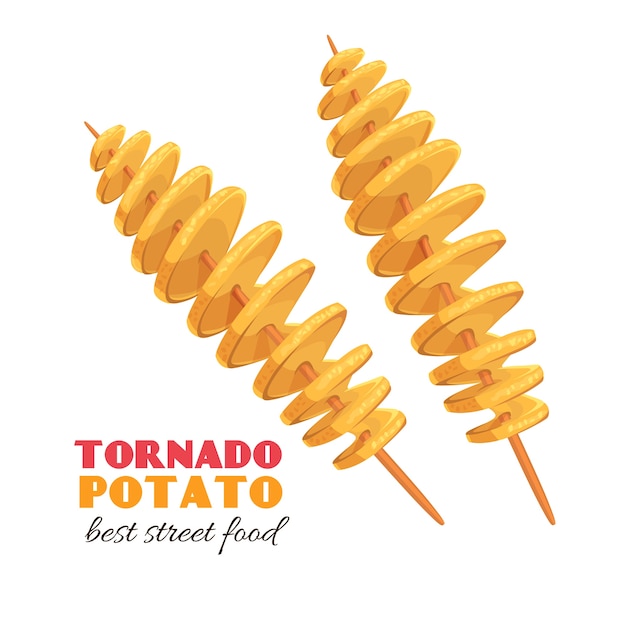 Gedraaide spiraalvormige chips. tornado aardappel. illustratie fastfood