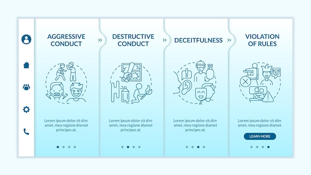 Gedragsstoornis gedragsgroepen turquoise gradiënt onboarding sjabloon Responsieve mobiele website met lineaire conceptpictogrammen Webpagina walkthrough 4-staps schermen LatoBold Reguliere lettertypen gebruikt