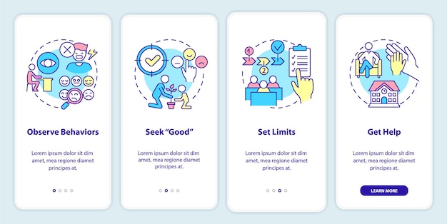 Gedragsstoornistips voor het onboarding-scherm van de mobiele app voor docenten doorloop 4 stappen grafische instructiepagina's met lineaire concepten ui ux gui-sjabloon myriad probold regelmatige gebruikte lettertypen