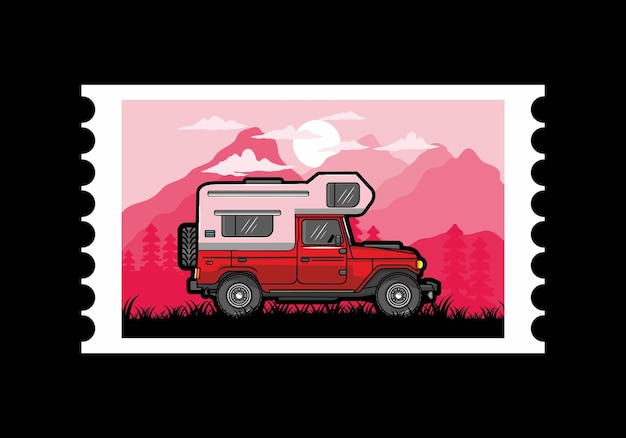 Gedrongen camper auto illustratie badge