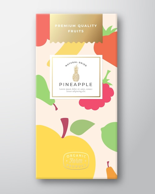 Gedroogde Vruchten Label Verpakking Ontwerp Lay-out Abstract Vector Papier Doos Met Kleurrijk Fruit En Bessen Patroon Achtergrond Cover Moderne Typografie En Handgetekende Ananas
