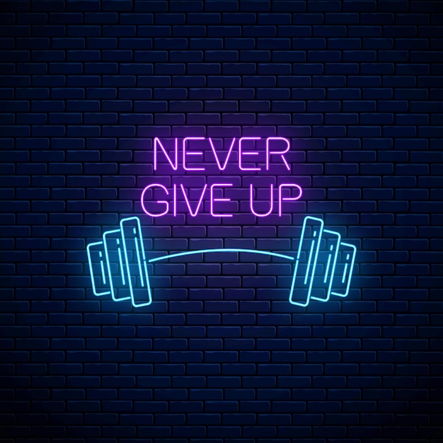 Vector geef nooit op - gloeiende neon inscriptie zin met barbell. motivatiecitaat in neonstijl.