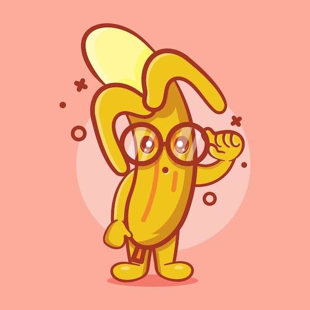 Geek banaan fruit karakter mascotte met denk expressie geïsoleerde cartoon in vlakke stijl ontwerp