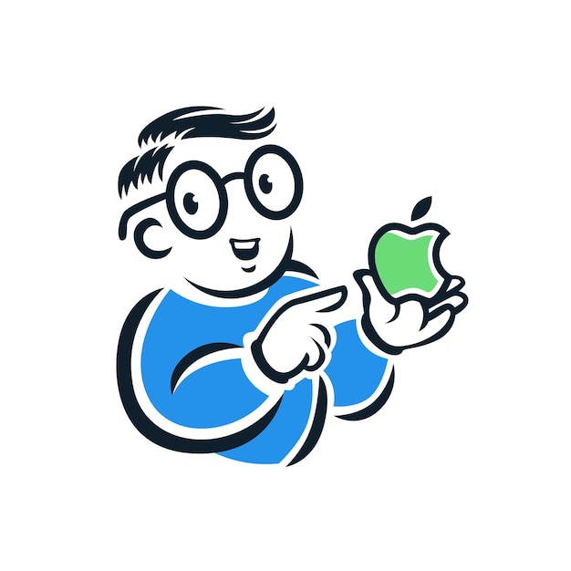 Mascotte del logo del personaggio del ragazzo geek con l'illustrazione di vettore della frutta della mela