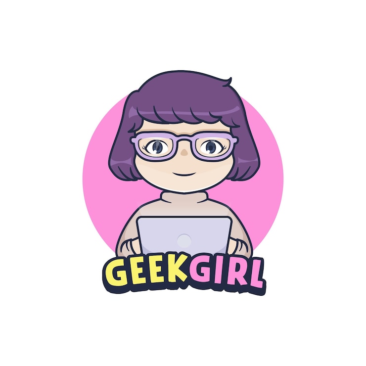 Vector geek girl in front of laptop, logo mascot design