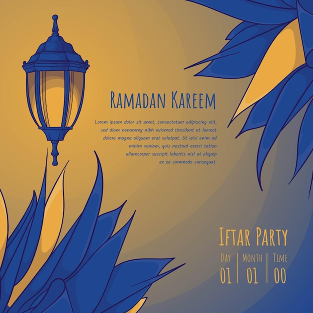 Geel blauw achtergrondsjabloon met lantaarn in hand getekend ontwerp voor ramadan kareem of eid mubarak