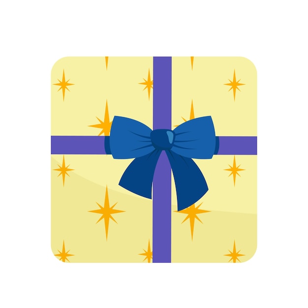 Geel cadeau met blauwe baw en lint Platte cartoon vector