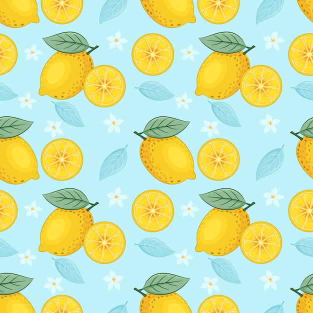 Geel citroen naadloos patroon op blauw vectorontwerp als achtergrond.