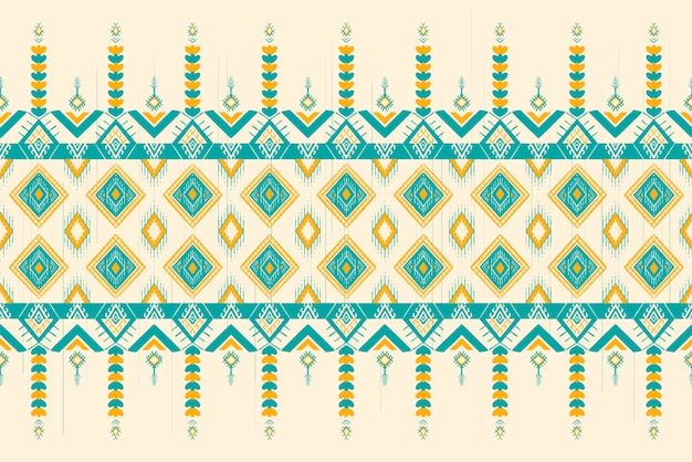 Geel en groen Teal op ivoor geometrische etnische Oosterse patroon traditioneel ontwerp voor achtergrondtapijtbehangkledingverpakkingBatikstof Vector illustratie borduurstijl