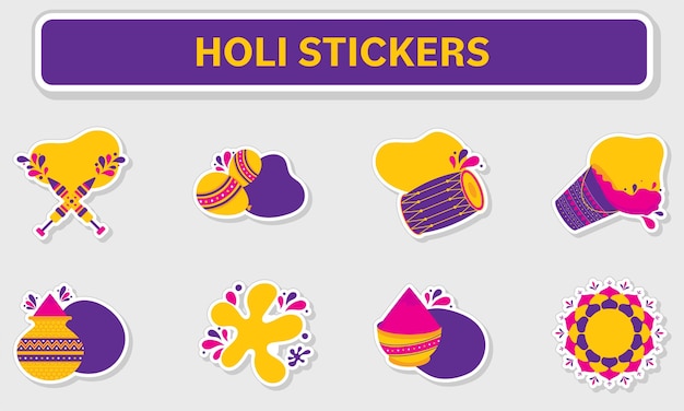 Geel En Paars Holi Sticker Collectie Op Grijze Achtergrond