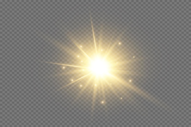 Geel gloeiend licht explodeert op een transparante achtergrond sprankelende magische stofdeeltjes