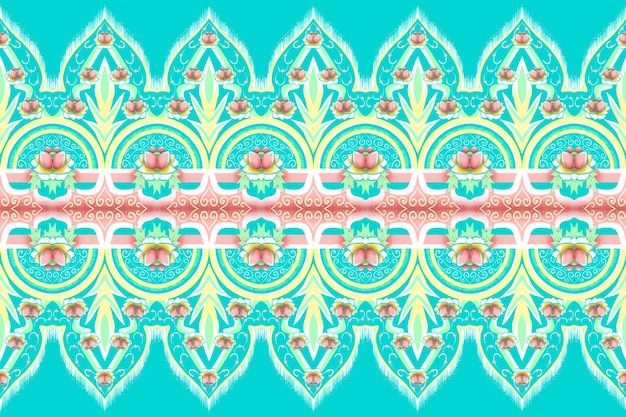 Geel groen roze bloem op blauw teal geometrische etnische oosterse patroon traditioneel ontwerp voor achtergrondtapijtwallpaperclothingwrappingbatikfabric vector illustratie borduurstijl